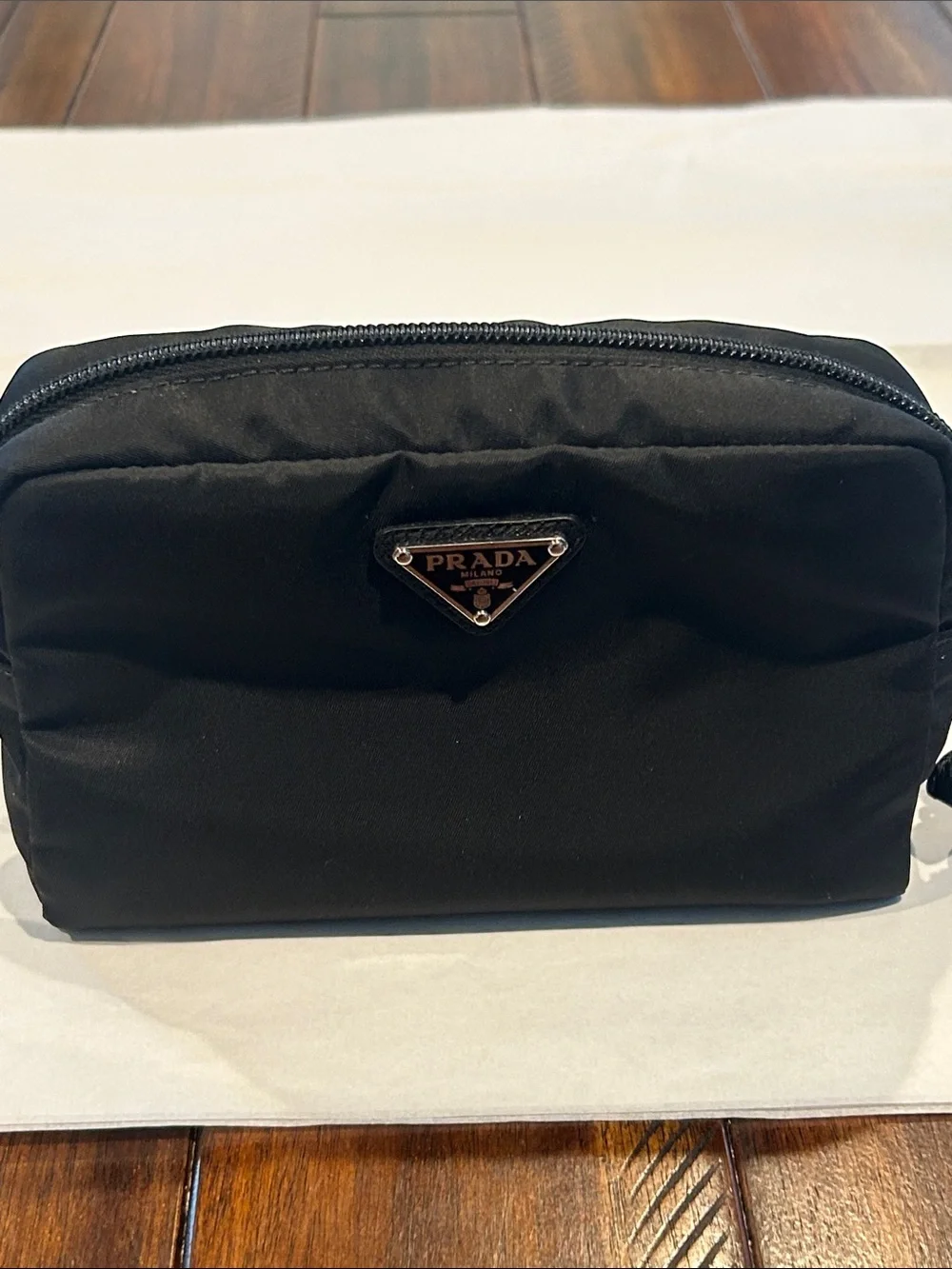 NEW Prada Black Nylon Zip Wristlet with Silver Triangle Logo